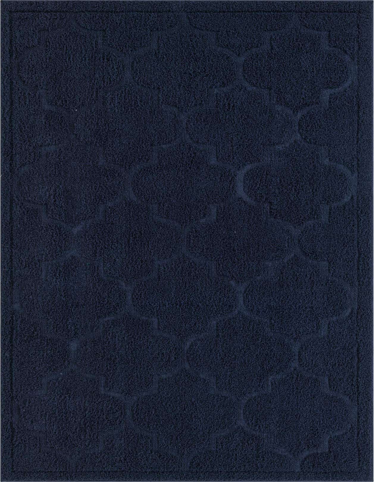 A 5x8 rectangular navy blue shag rug with a subtle high/low textured lattice pattern, perfect for a living room.