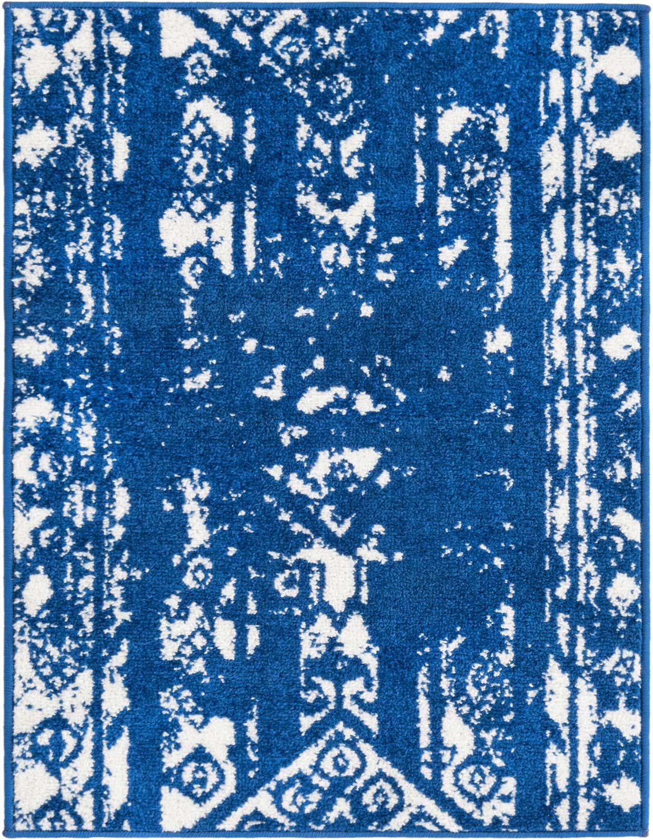 A 2x3 rectangular Rugs.com Lennon rug in navy blue and white with a distressed Southwestern tribal pattern.