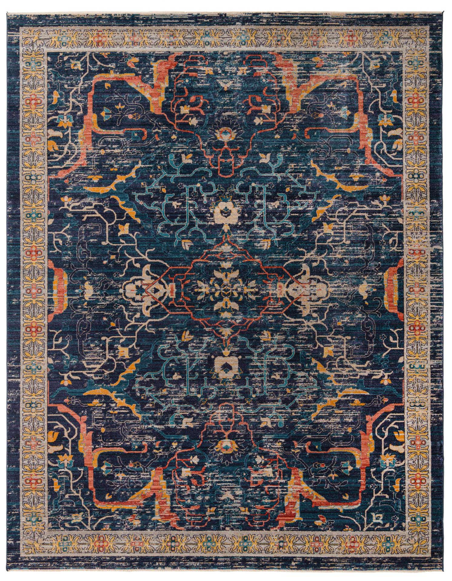 A 9x12 rectangular Lola collection rug featuring a distressed traditional and tribal pattern in various shades of blue, orange, and yellow.