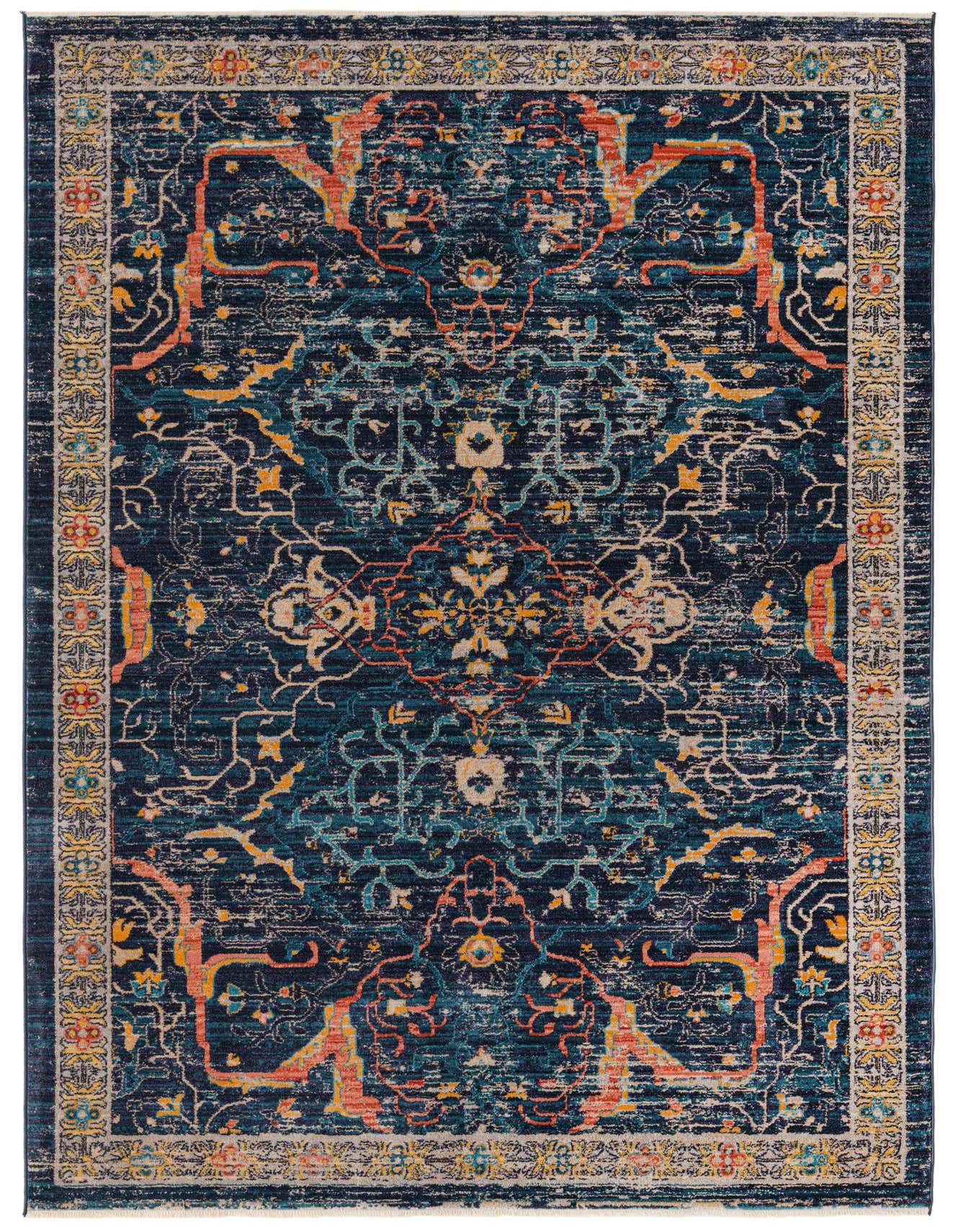 A 6x9 rectangular Lola collection rug by Rugs.com, featuring a distressed navy blue background with traditional medallion and tribal patterns in orange, teal, and cream.