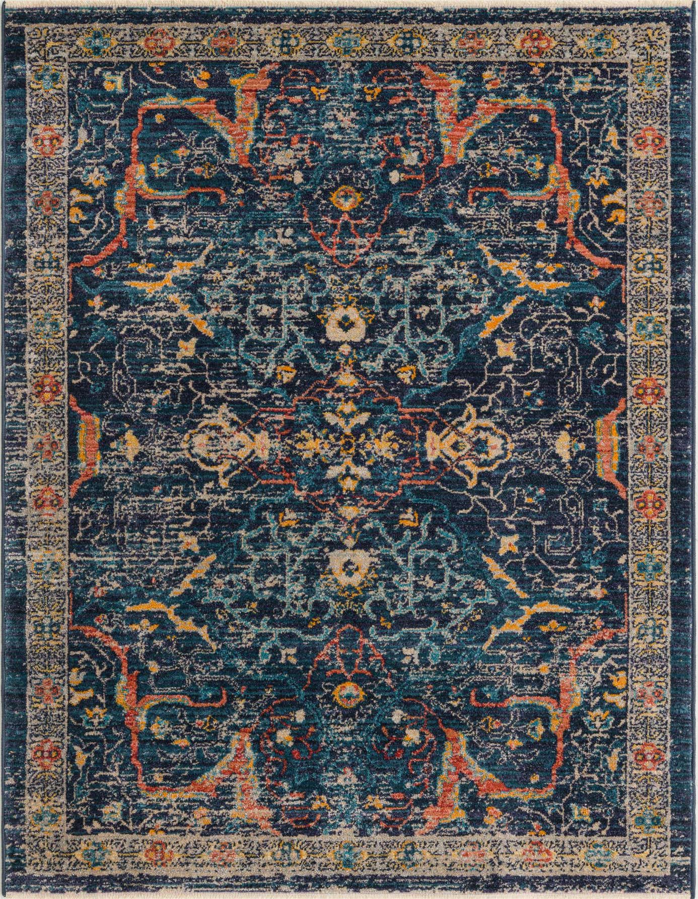 A 4x6 rectangular Lola collection rug featuring a distressed traditional tribal pattern in shades of navy blue, teal, orange, and beige.