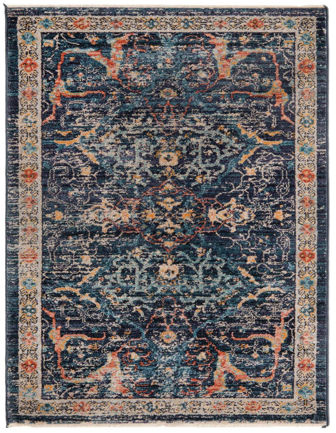 A 3x5 rectangular Lola rug featuring a distressed traditional and tribal pattern in varying shades of navy blue, teal, orange, and cream, with a decorative border.