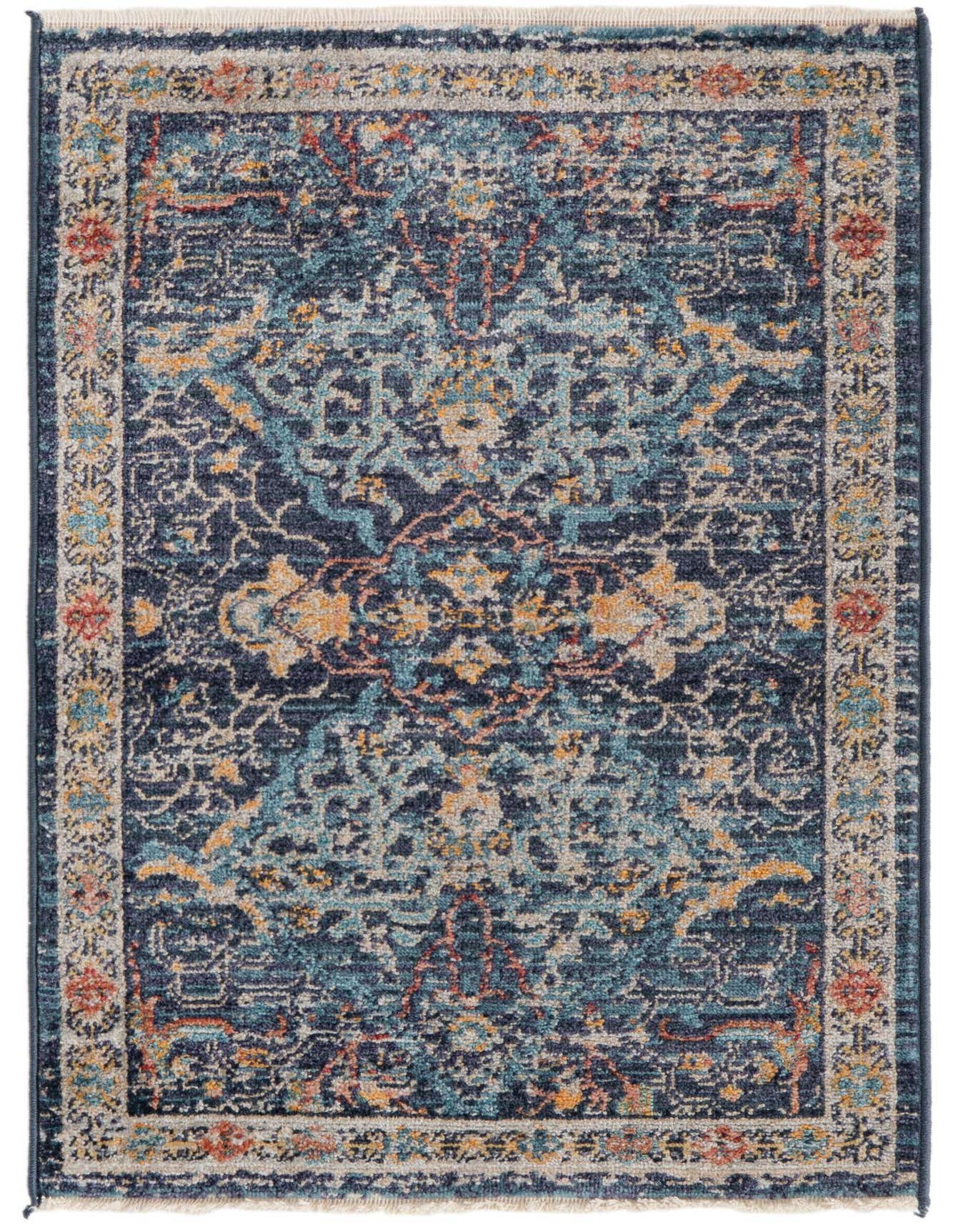 A 2x3 rectangular Lola rug by Rugs.com with a distressed traditional pattern in shades of blue, orange, and beige.