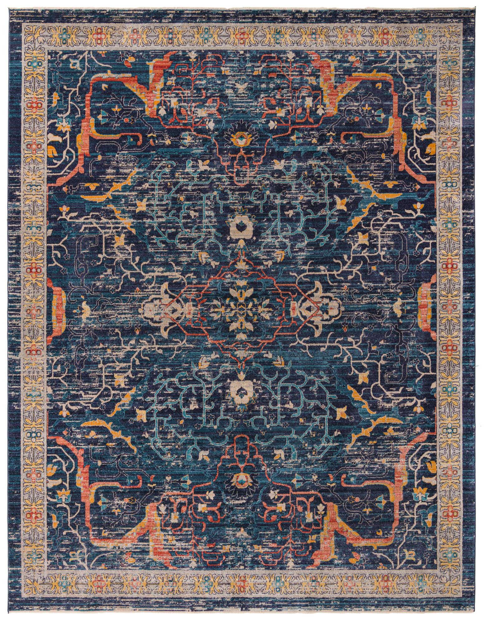 A 10x12 rectangular Lola rug with a distressed traditional medallion and tribal pattern in shades of navy blue, teal, orange, and yellow.
