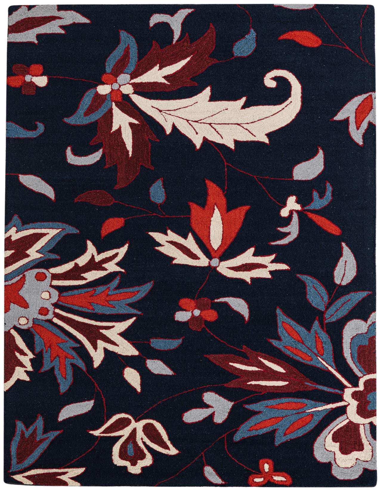 A 5x8 rectangular Luna rug by Rugs.com with a navy blue background and a vibrant floral/botanical pattern in red, cream, and light blue.
