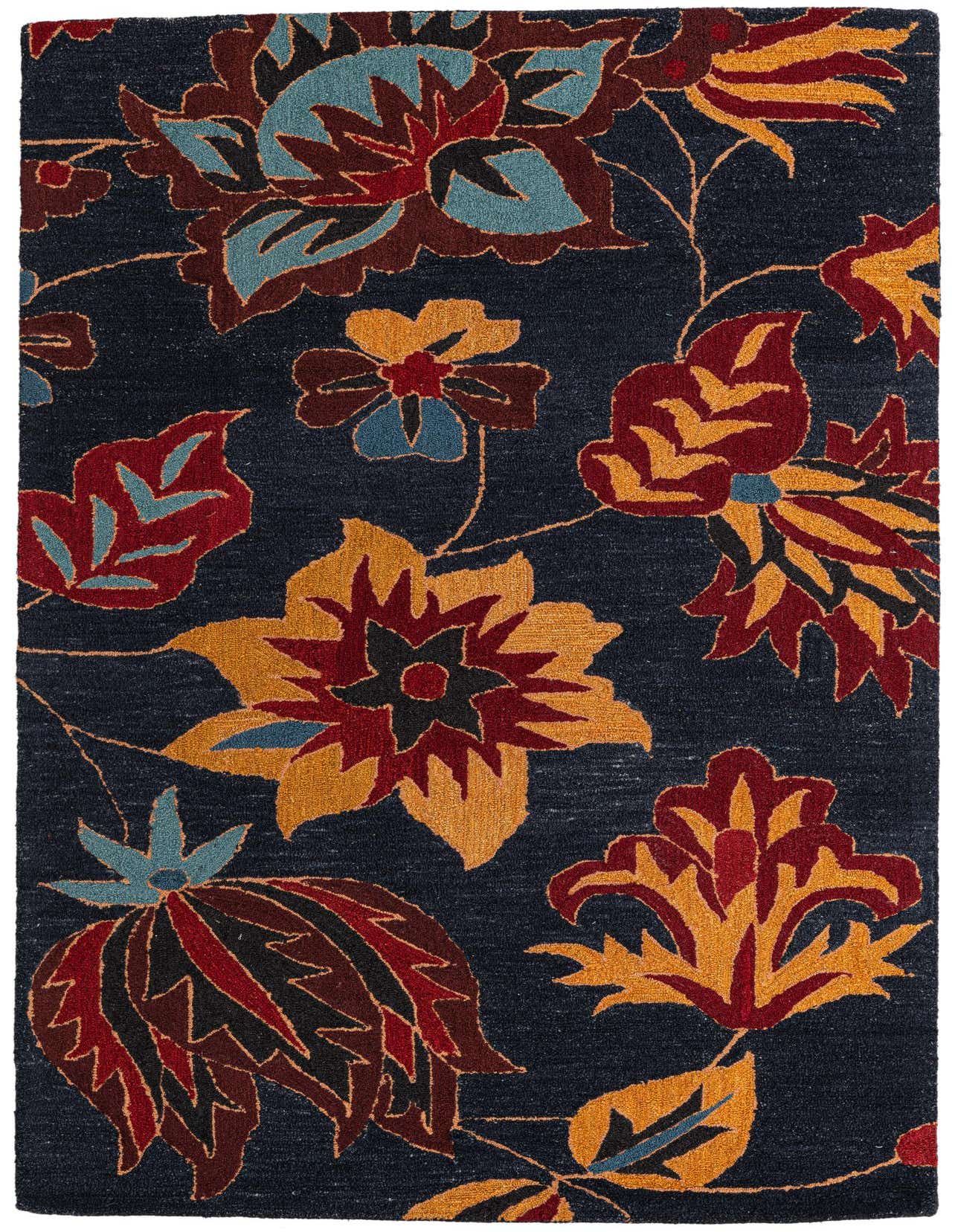 A 5x8 rectangular Luna rug with a navy blue background and large, colorful floral and leaf patterns in gold, red, and light blue.