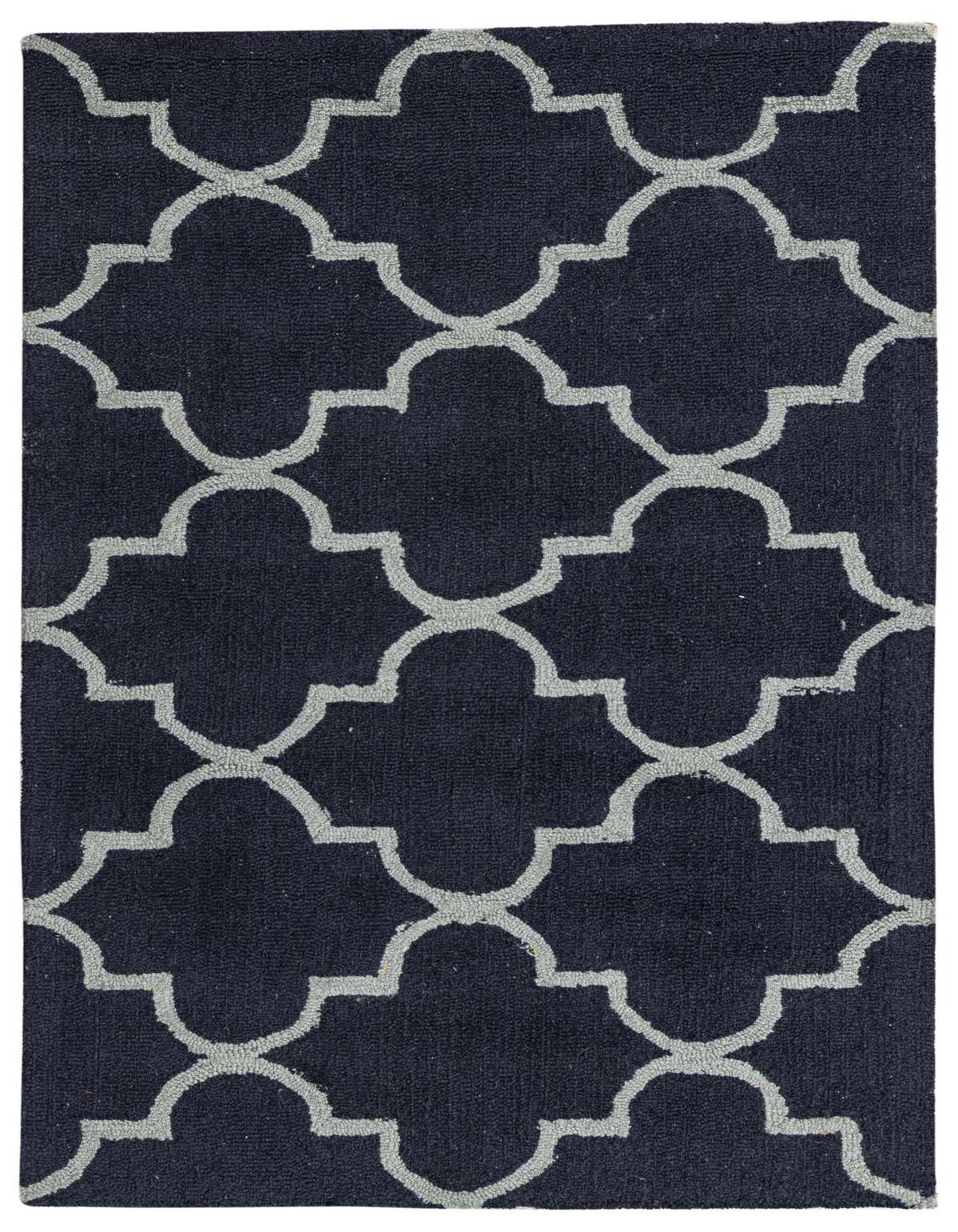 A 3x5 rectangular navy blue modern rug with a high pile and a light gray quatrefoil pattern.