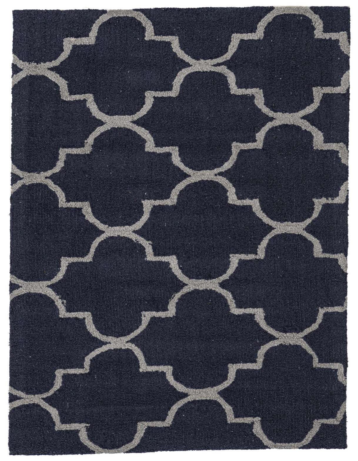 A 3x5 rectangular Luna rug in navy blue with a high pile, featuring a repeating light gray modern abstract pattern.