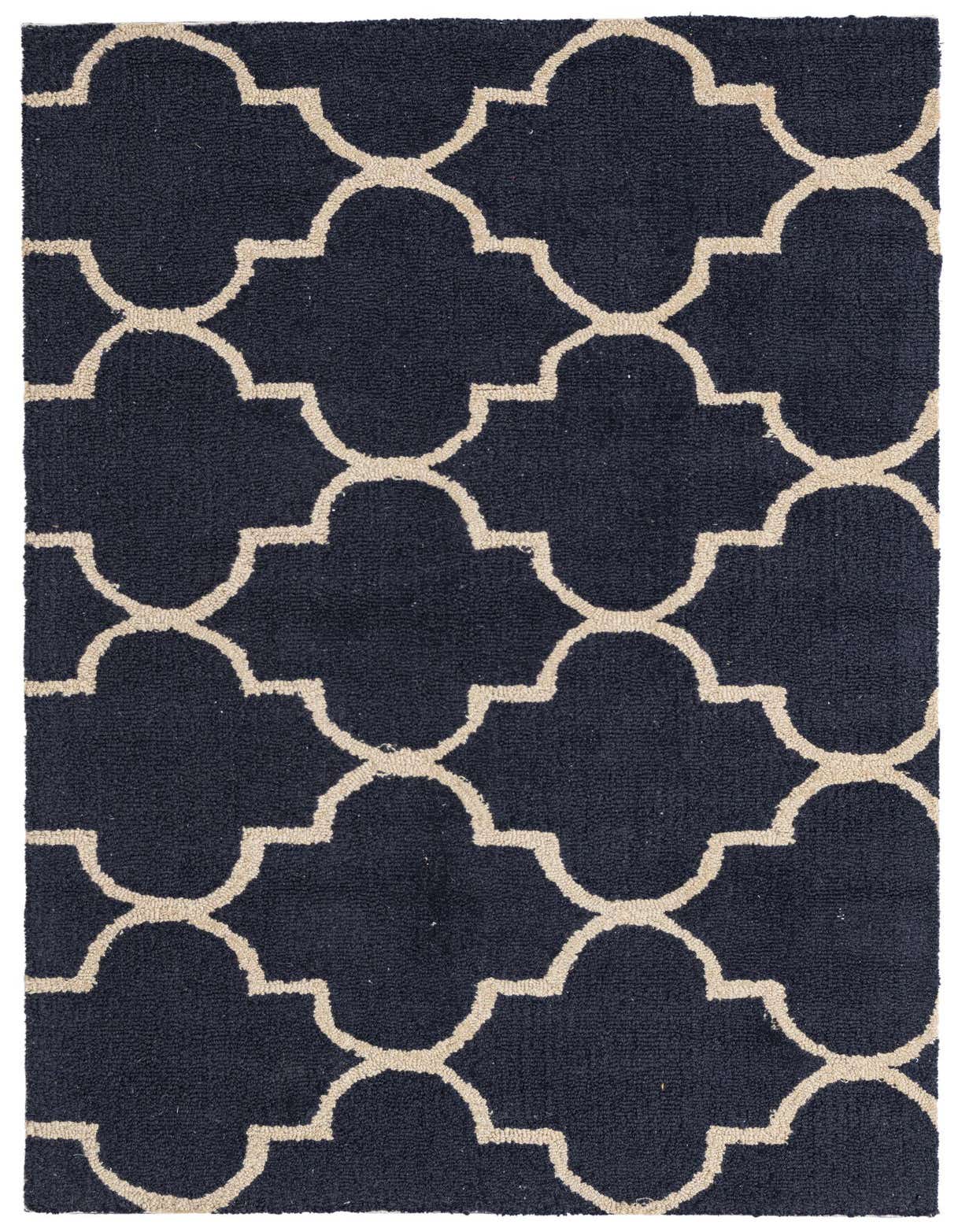 A 3x5 rectangular navy blue rug with a high pile and a repeating beige modern abstract pattern, suitable for indoor use.