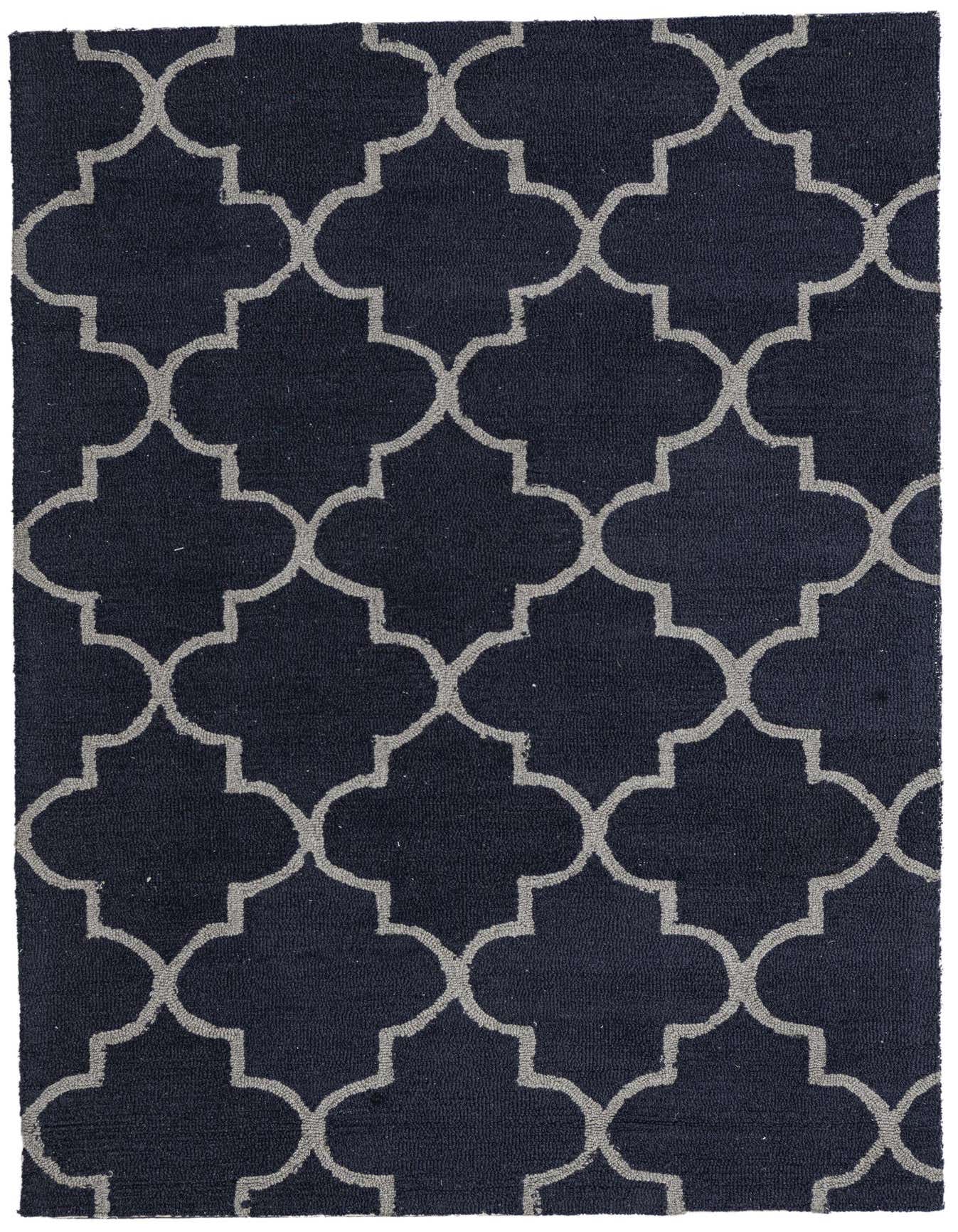 A 4x6 rectangular navy blue wool rug with a repeating light gray modern abstract quatrefoil pattern.