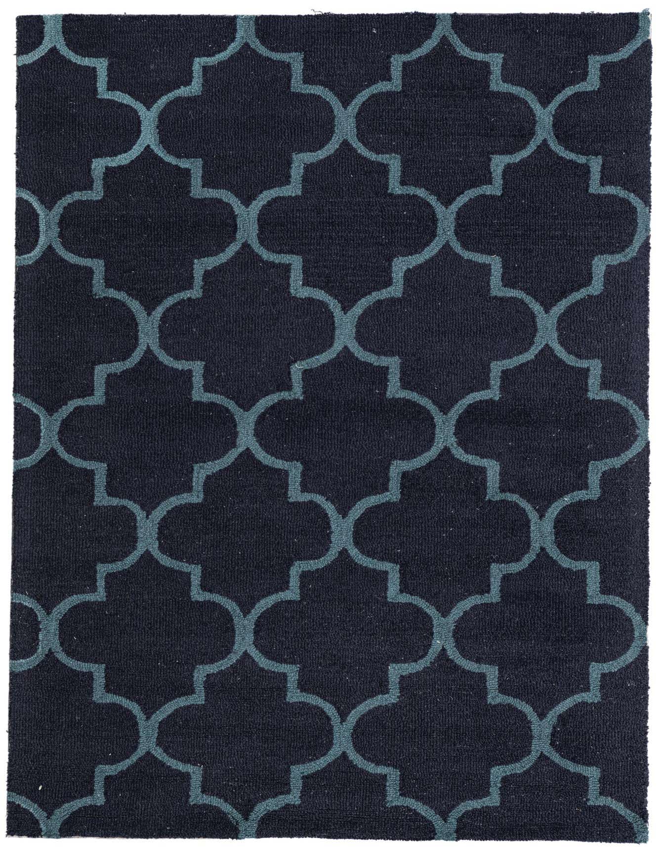 A 4x6 rectangular Luna rug from Rugs.com with a navy blue background and a repeating teal modern abstract pattern, suitable for a living room.