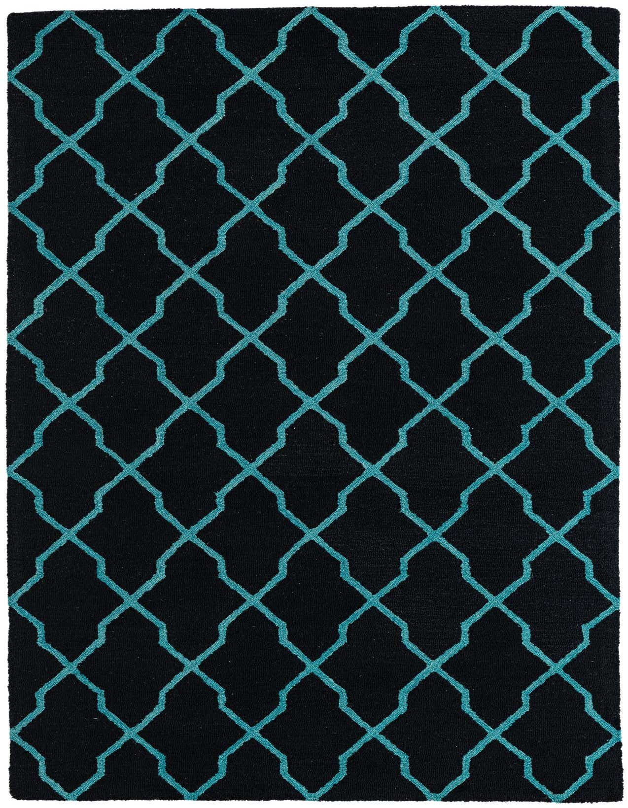 A 5x8 rectangular Luna collection rug featuring a modern abstract teal blue trellis pattern on a deep black background.
