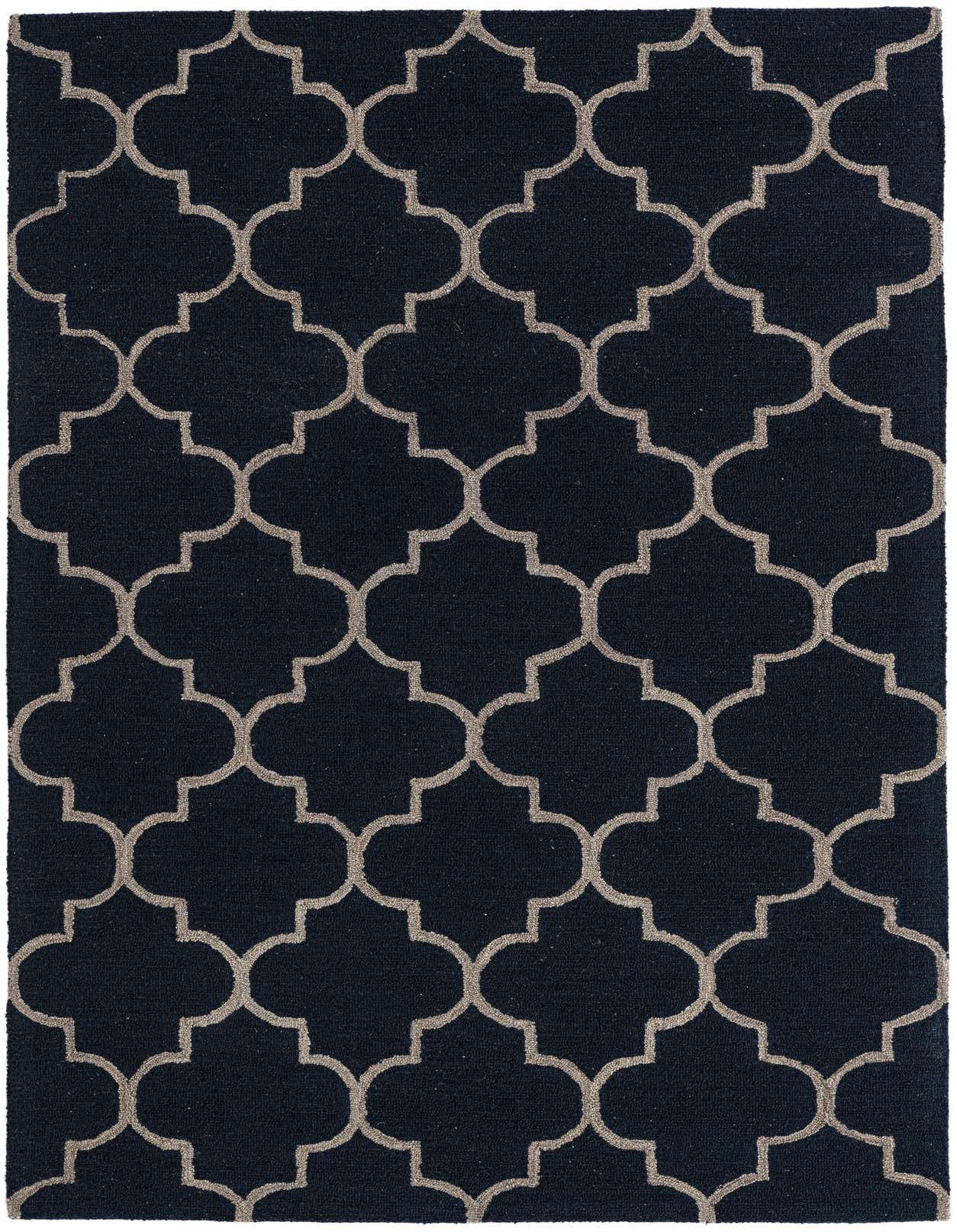A 5x8 rectangular Luna rug with a navy blue background and a repeating light brown modern abstract quatrefoil pattern.