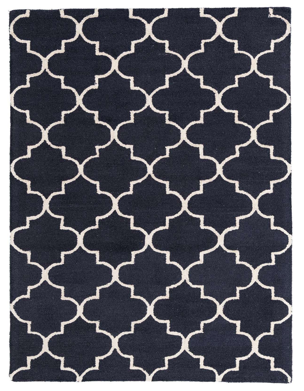 A 5x8 rectangular Luna rug by Rugs.com with a modern navy blue background and an abstract off-white quatrefoil pattern.