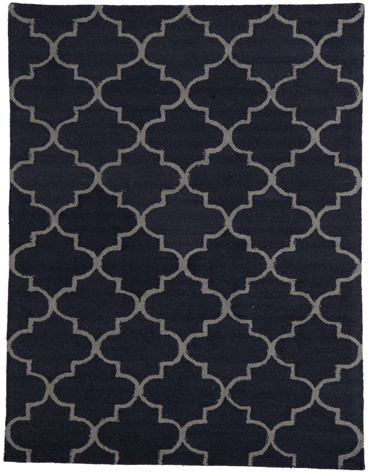 A 5x8 rectangular navy blue wool and cotton rug with a high pile and a modern abstract pattern.