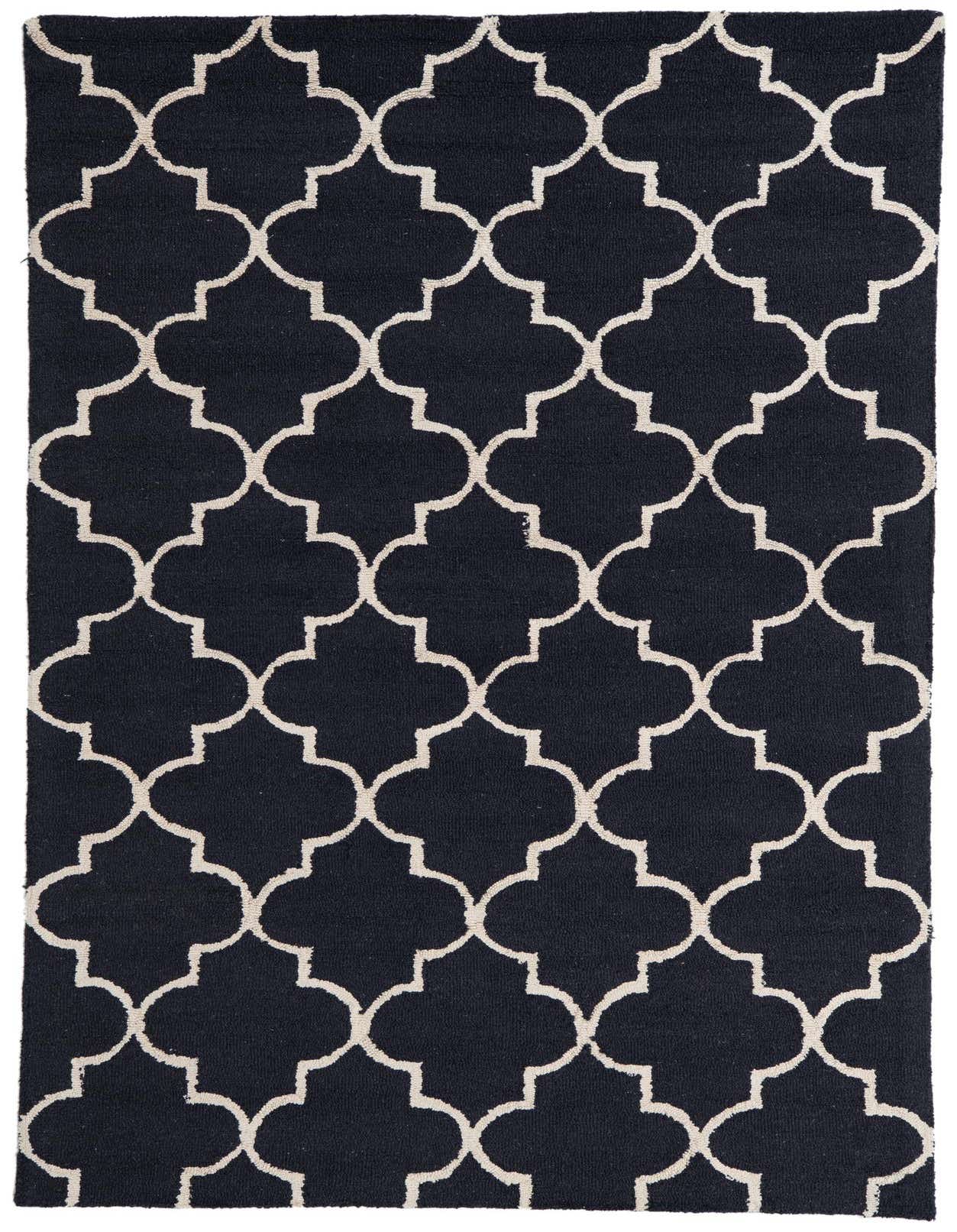 A 5x8 rectangular Luna Collection rug featuring a navy blue background with a repeating off-white modern abstract quatrefoil pattern.
