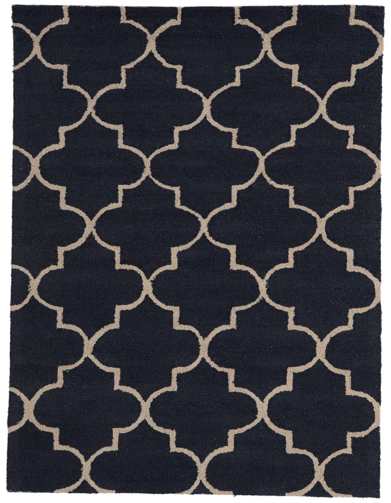 A 4x6 rectangular navy blue wool and cotton area rug with a high pile and a modern abstract pattern.