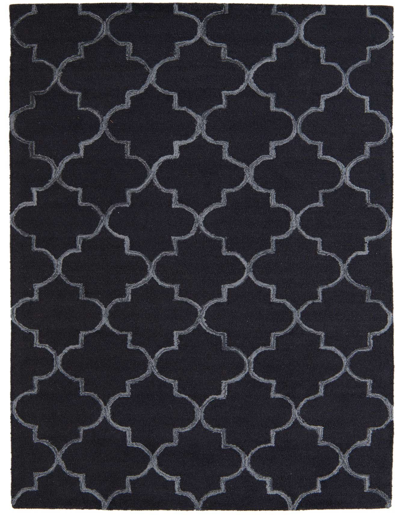 A 5x8 rectangular Luna Collection rug featuring a navy blue background with a light blue modern abstract quatrefoil pattern.