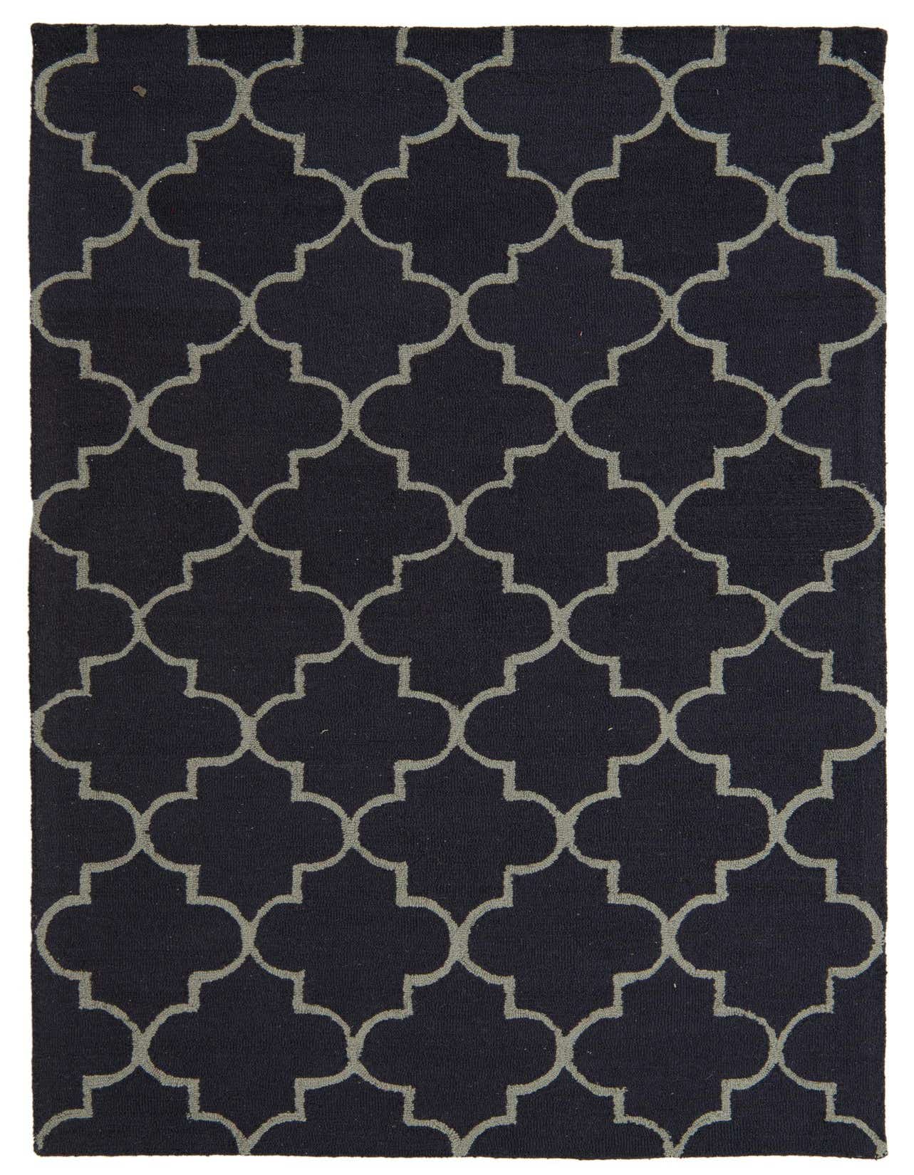 A 5x8 rectangular Luna Collection rug with a modern navy blue and light gray quatrefoil pattern, ideal for a living room.