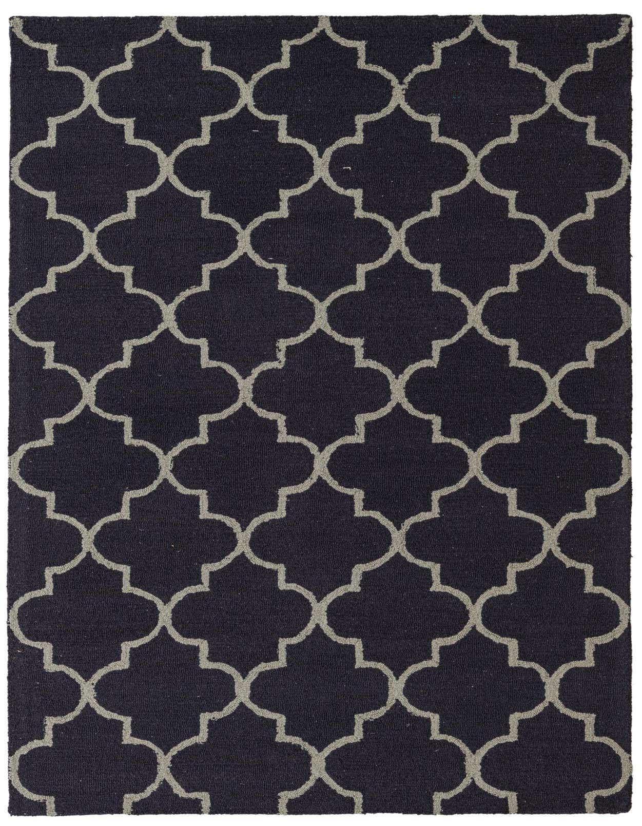 A 5x8 rectangular Luna collection rug featuring a navy blue background with a repeating light gray modern abstract pattern.