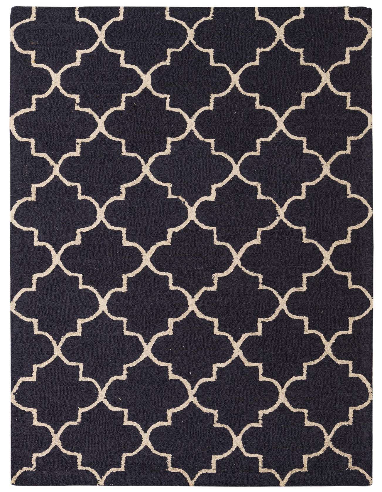 A 5x8 rectangular Luna Collection rug featuring a navy blue background with a cream-colored modern abstract quatrefoil pattern.