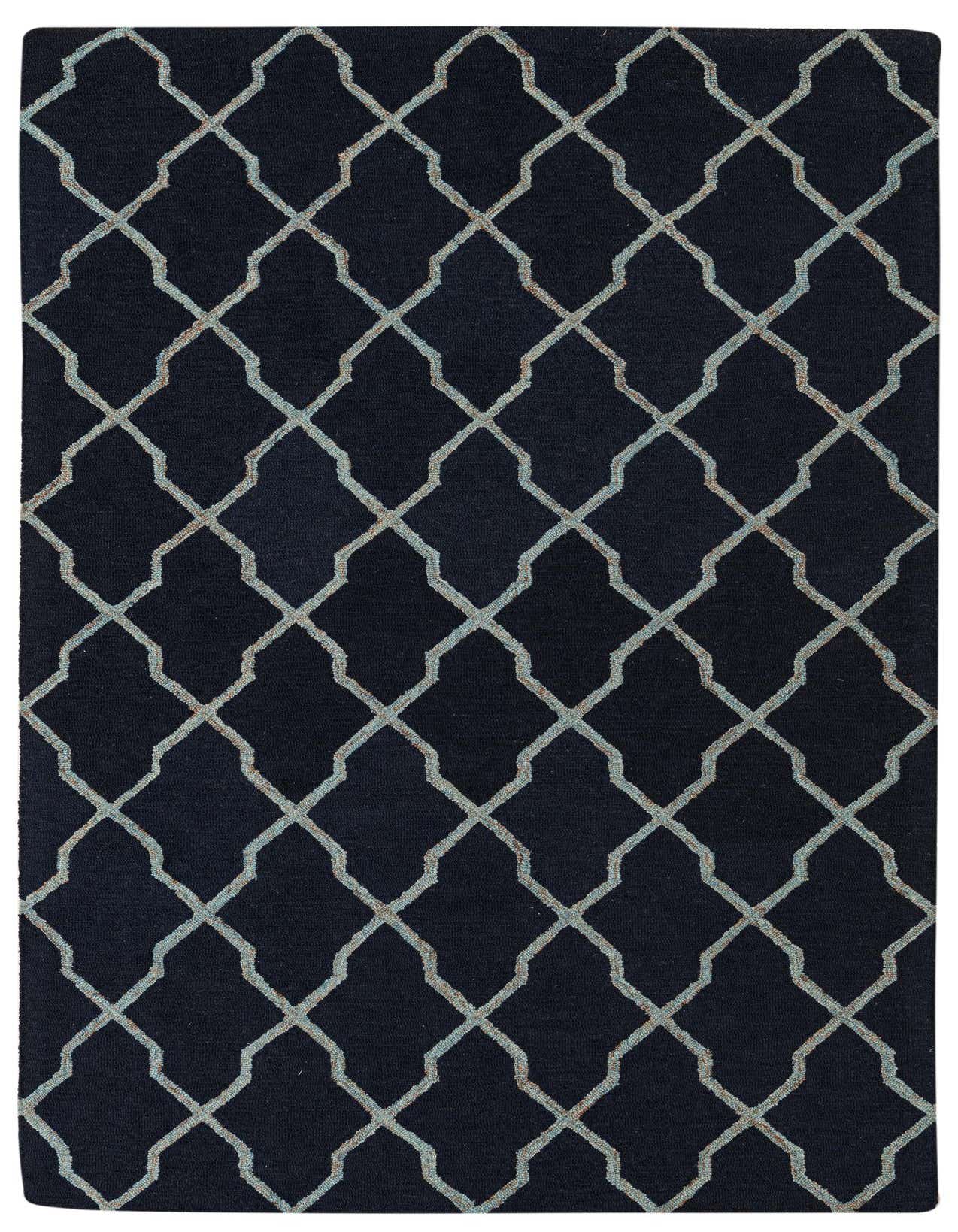 A 5x8 rectangular Luna rug by Rugs.com, featuring a navy blue background with a light blue and beige modern abstract geometric pattern.