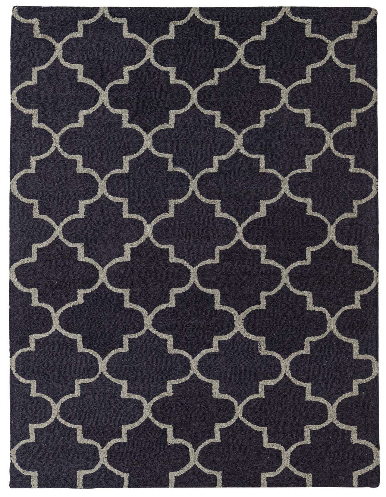 A 5x8 rectangular Luna Collection rug featuring a navy blue background with a light grey modern abstract quatrefoil pattern.