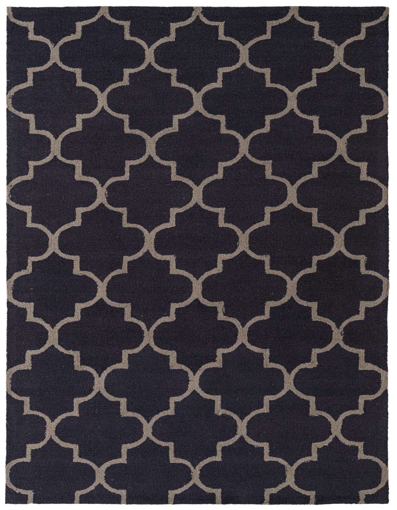 A 5x8 rectangular navy blue wool rug with a repeating light gray modern abstract quatrefoil pattern, suitable for a living room.