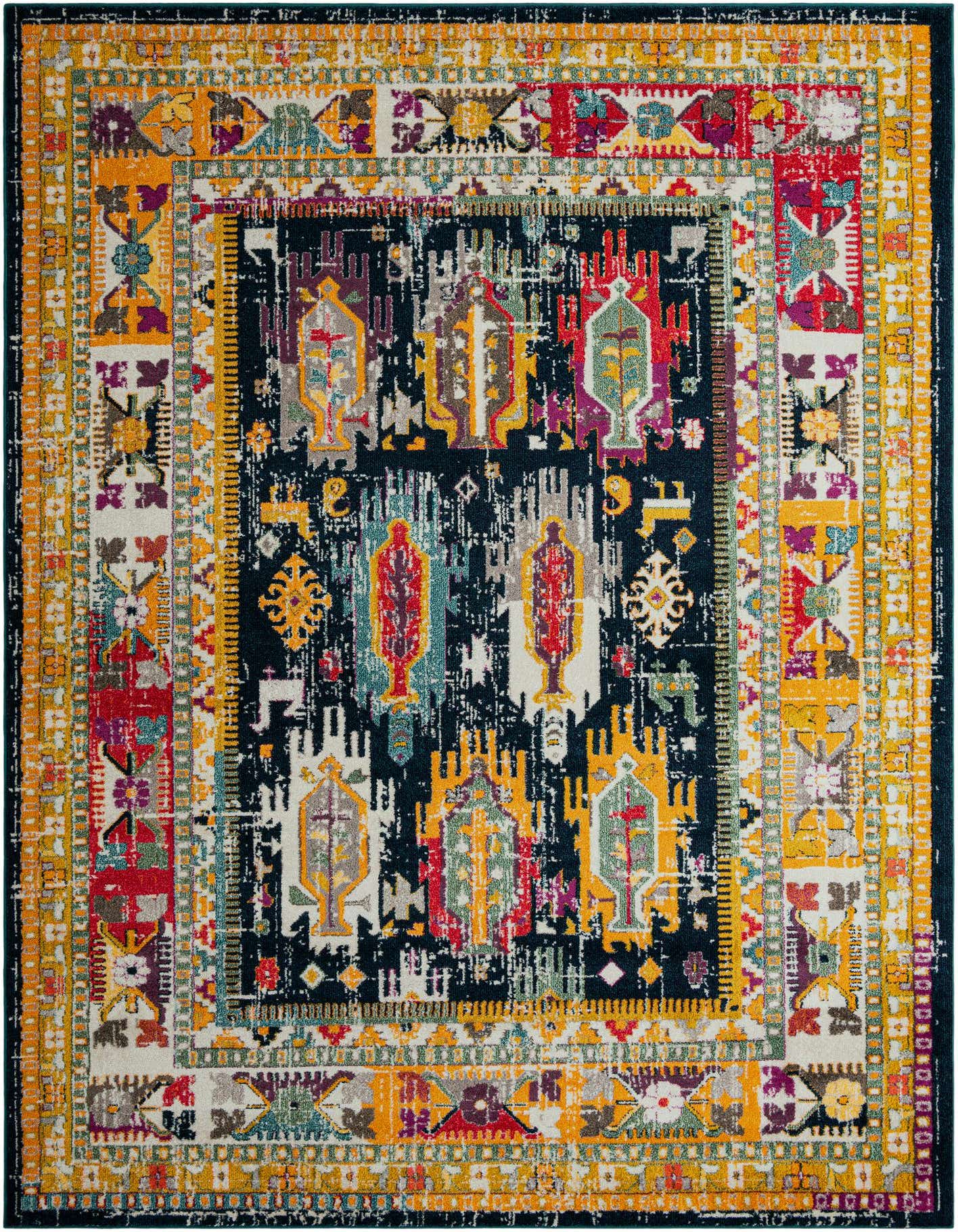 A vibrant 10x14 rectangular area rug with a distressed, multi-colored pattern featuring blues, yellows, reds, and purples, ideal for an indoor living space.