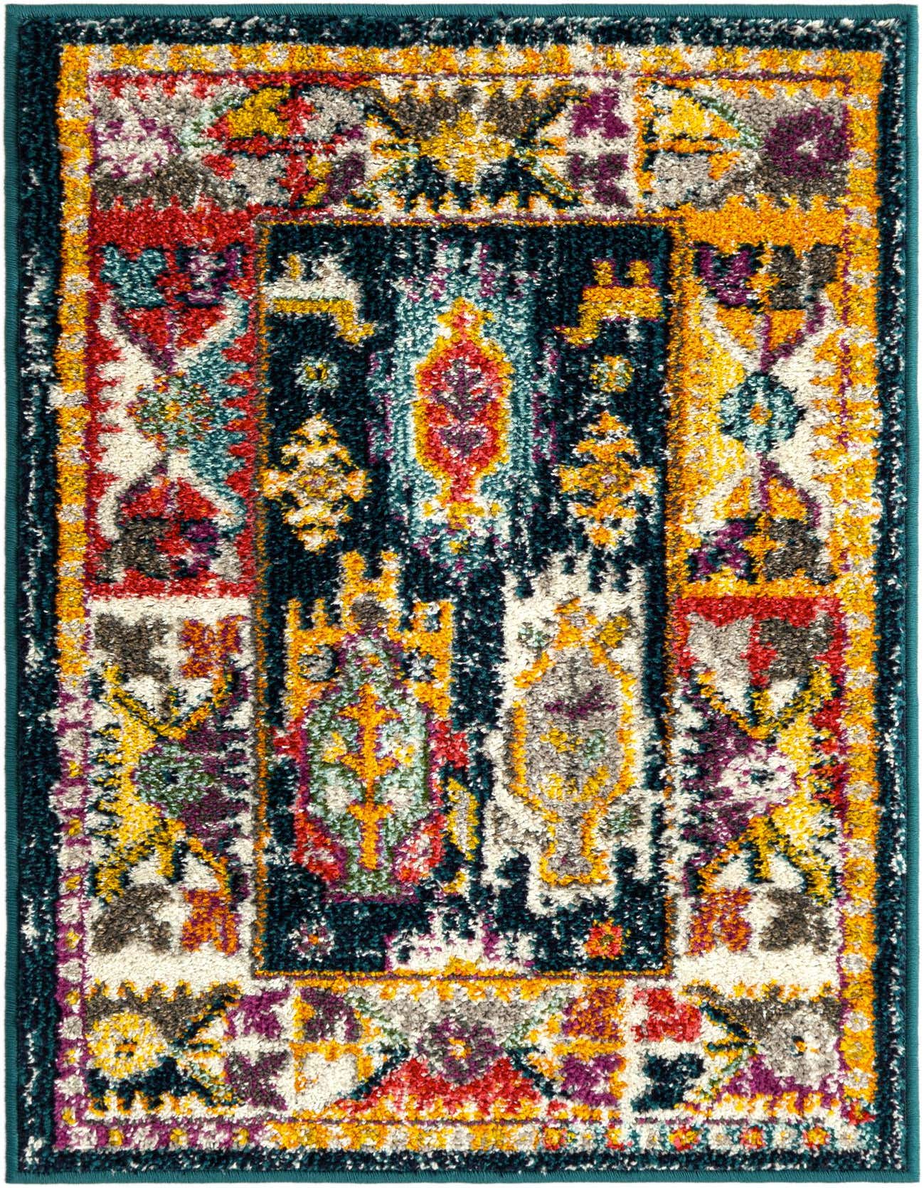 A 2x3 rectangular Rugs.com Madeline rug featuring a vibrant, distressed Bohemian pattern in blues, reds, yellows, and purples with a medium pile.
