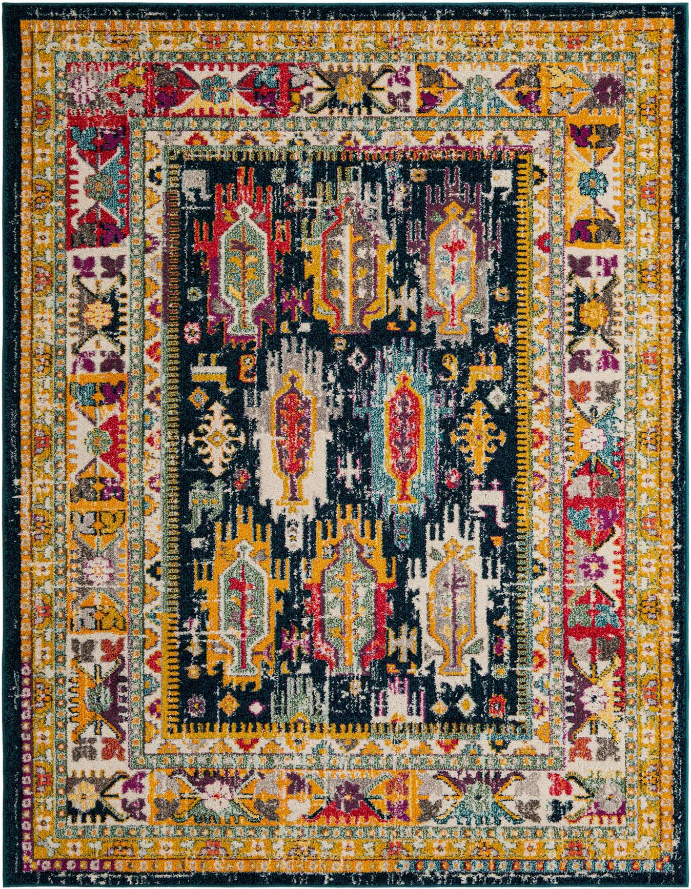 A rectangular 6x9 area rug featuring a distressed bohemian design with a navy blue center and a vibrant border in yellow, red, and purple.