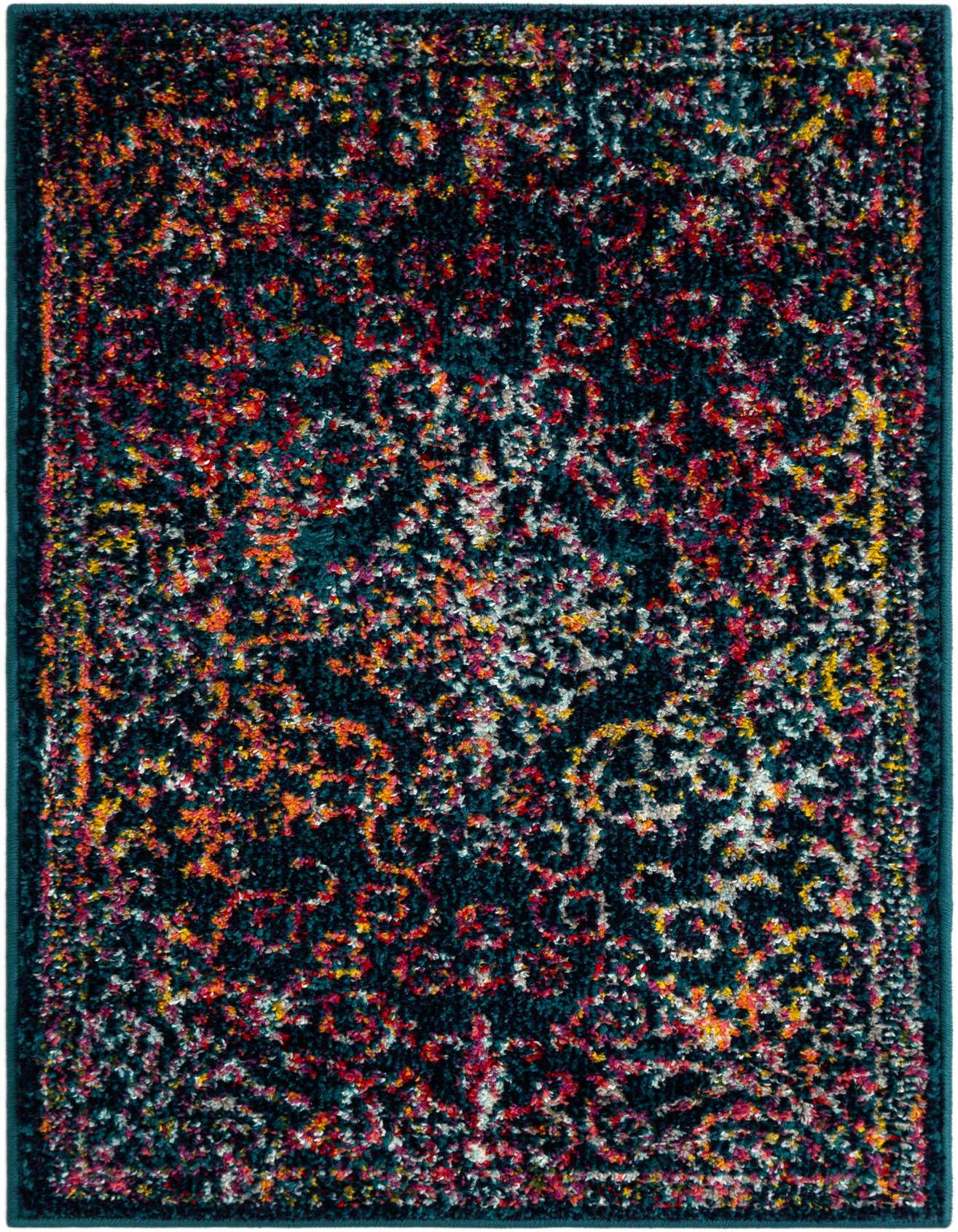 A 2x3 rectangular Rugs.com Madeline rug featuring a distressed, abstract pattern in navy blue with vibrant specks of red, orange, yellow, and white.