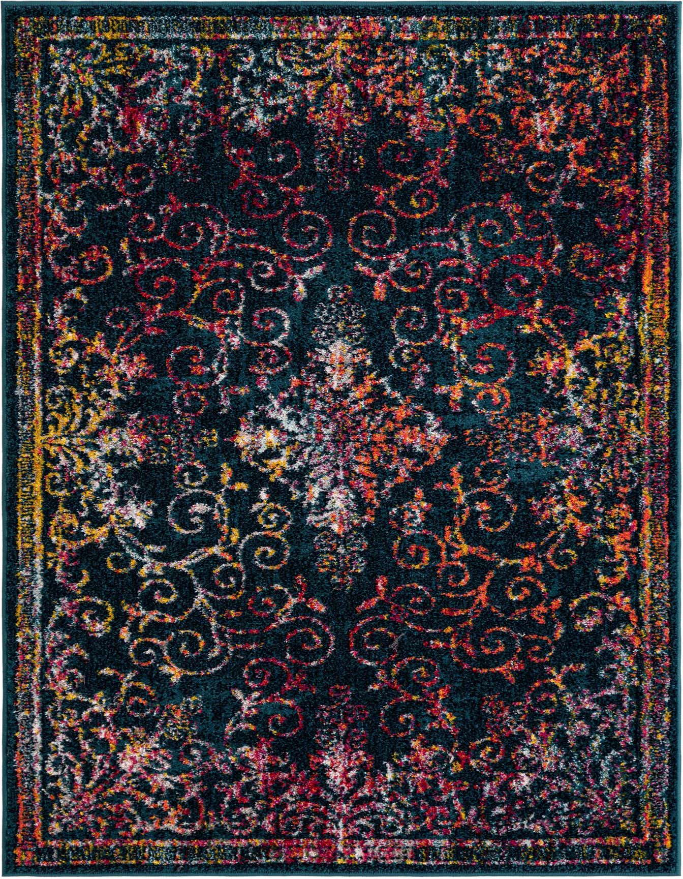 A 4x6 rectangular navy blue area rug with a distressed, multicolored floral and scroll pattern in red, orange, yellow, and white.