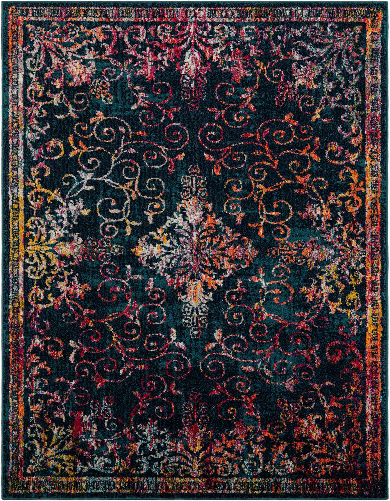 A 6x9 rectangular Rugs.com Madeline rug featuring a distressed Oriental medallion pattern in vibrant red, orange, yellow, and white on a deep navy blue background.