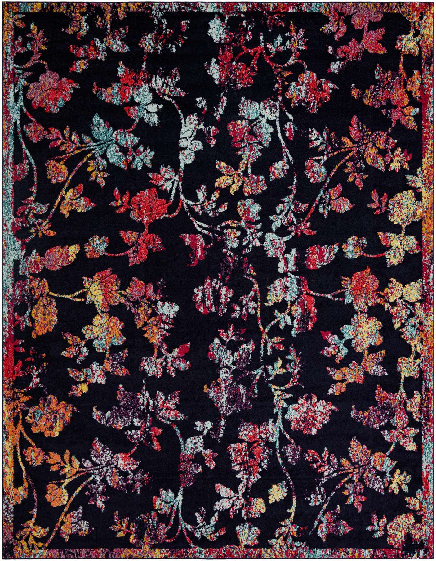 A rectangular 10x14 navy blue area rug with a vibrant floral pattern in red, orange, yellow, and light blue.