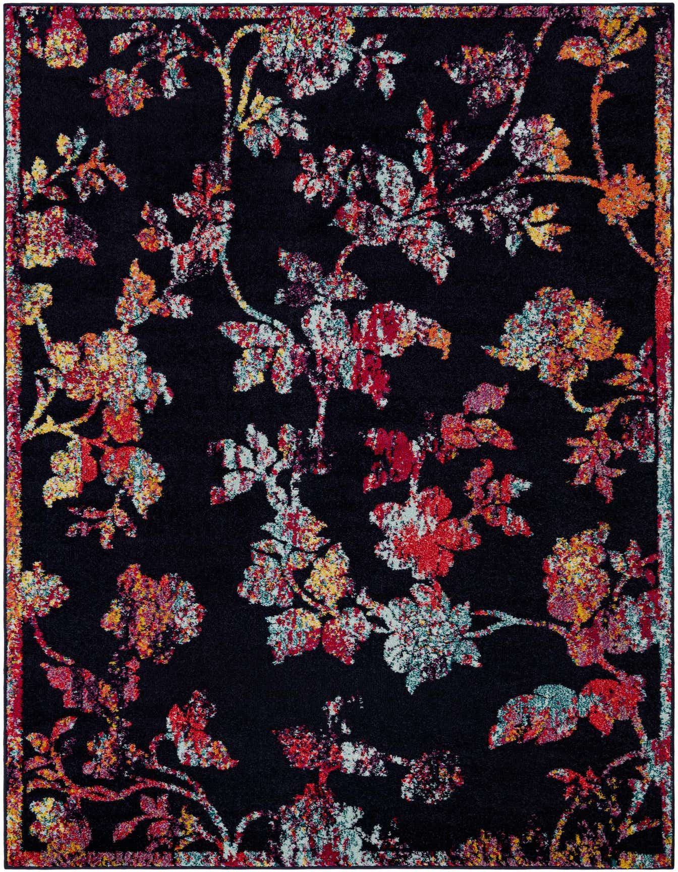 A rectangular 6x9 navy blue rug with a vibrant floral pattern featuring red, yellow, and light blue blossoms.