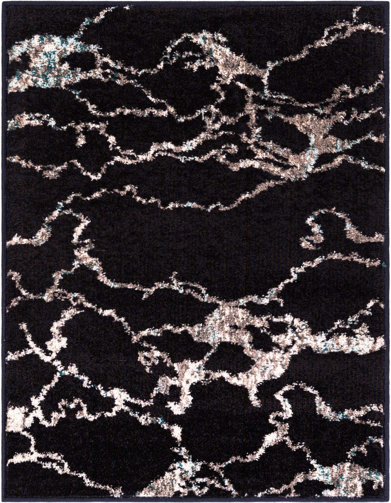 A 2x3 rectangular Rugs.com Madeline rug featuring a modern abstract pattern in navy blue with light blue and white accents.