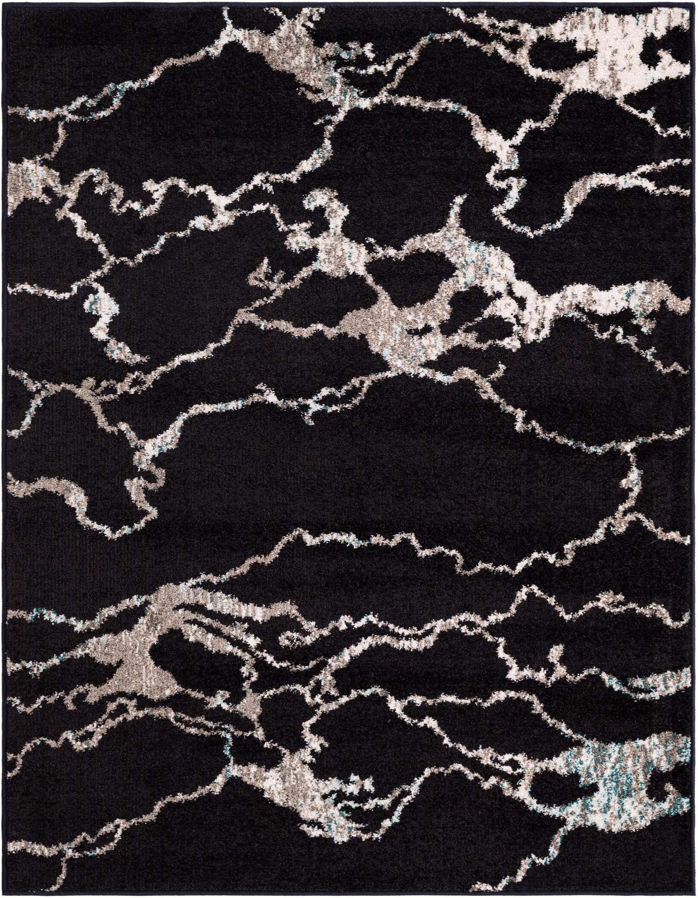 A rectangular 4x6 navy blue rug with an abstract, light blue and gray marble-like pattern, suitable for various indoor rooms.