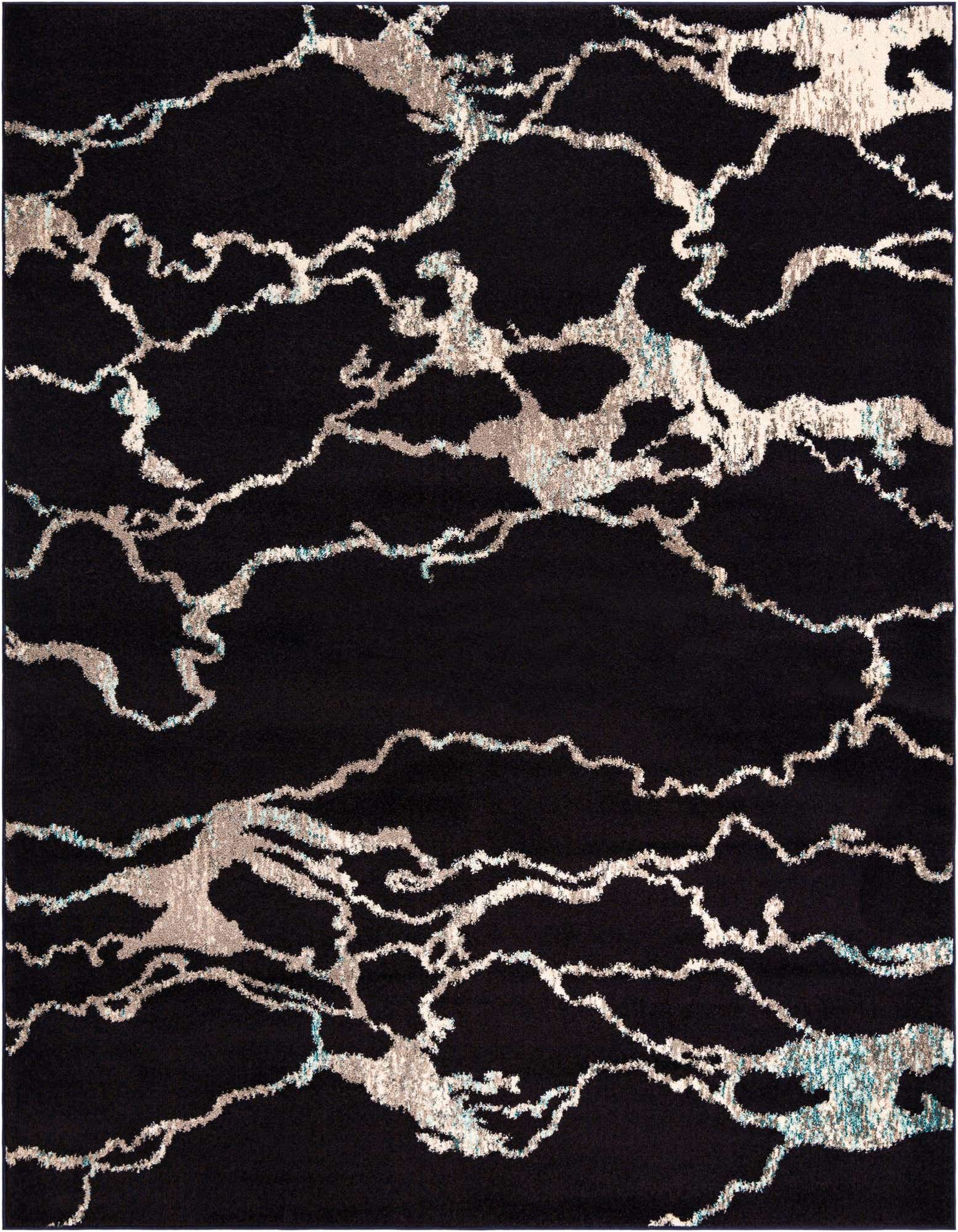 A rectangular 8x10 Madeline rug from Rugs.com with a striking abstract pattern of light blue and silver-gray lines against a deep navy blue background.