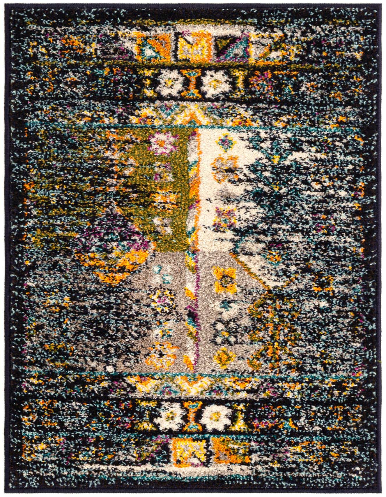 A rectangular 2x3 Madeline rug from Rugs.com with a distressed abstract pattern in blues, gold, and cream.