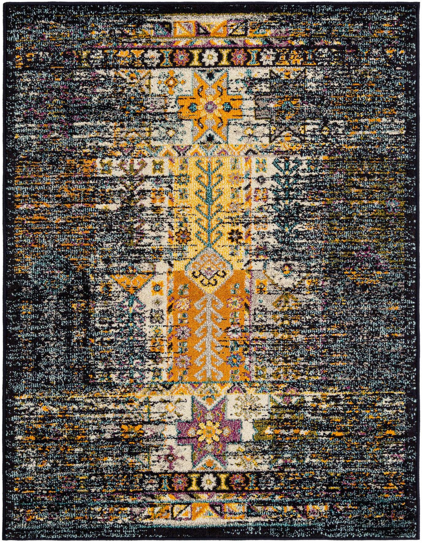 A rectangular 4x6 navy blue and gold area rug with a distressed bohemian pattern, suitable for a living room.