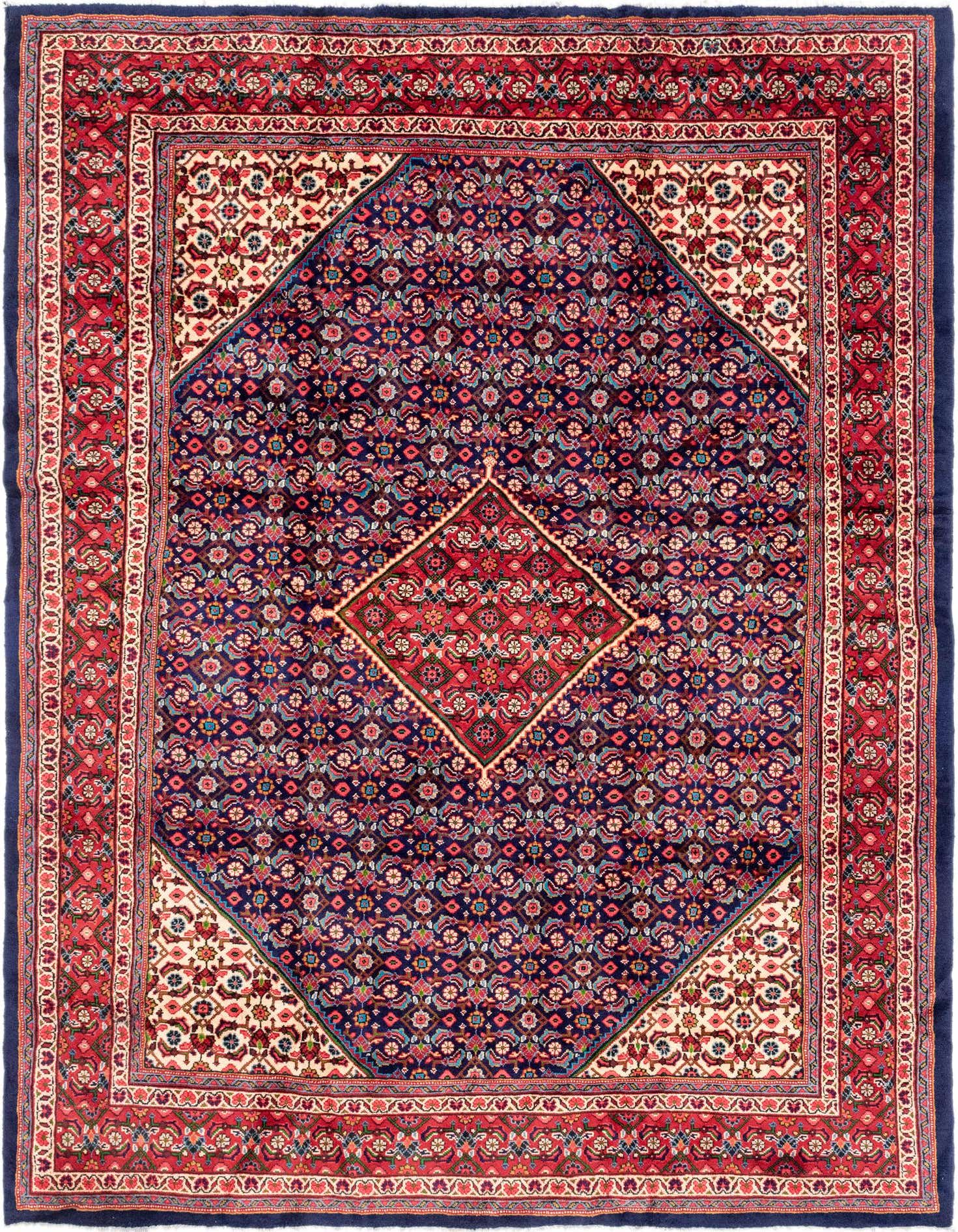 A 10x13 rectangular Mahal rug featuring a traditional Persian medallion pattern in deep blues, reds, and creams.