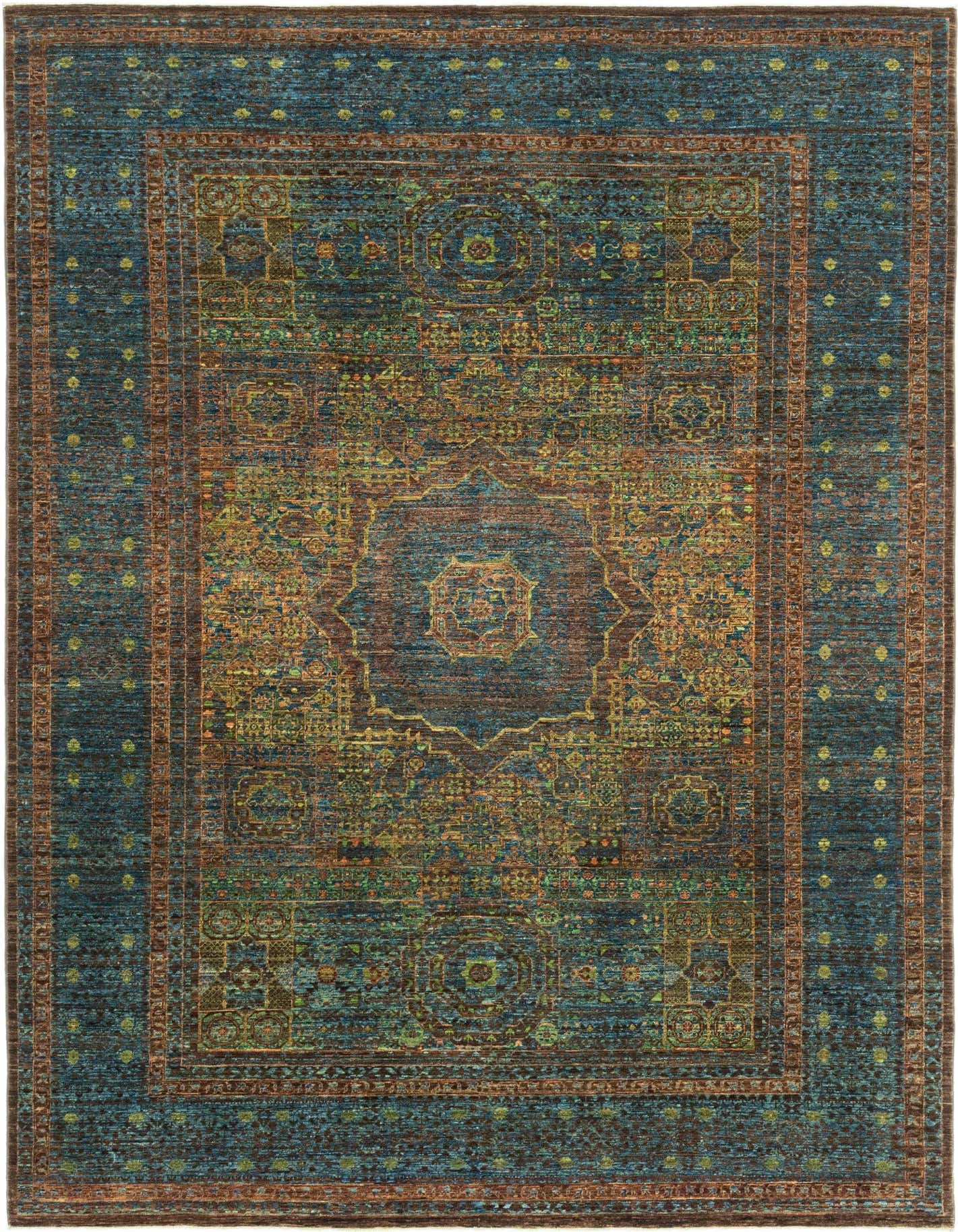 A 7x10 rectangular Mamluk Ziegler rug featuring a traditional medallion pattern in blues, greens, and browns, with a thin pile.