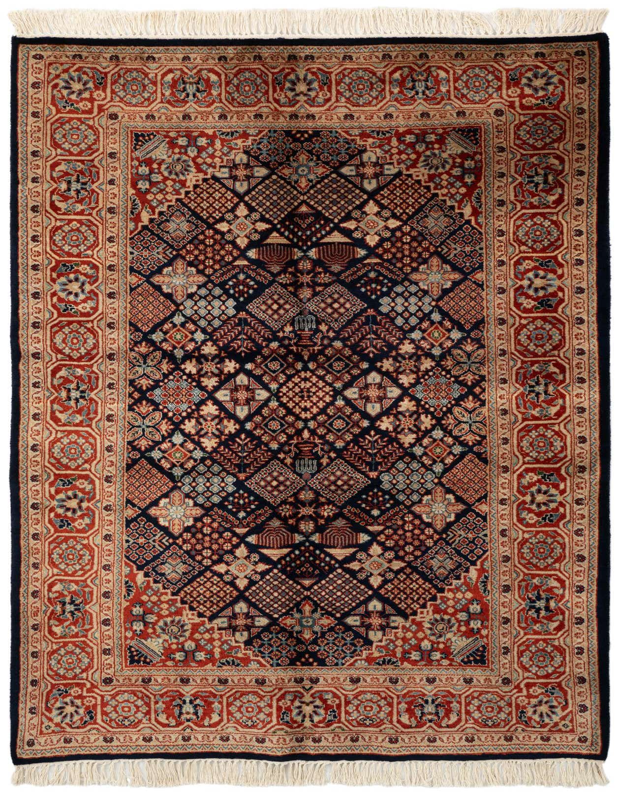 A 4x6 rectangular Maymeh rug in navy blue with an intricate Oriental pattern and red-orange border.