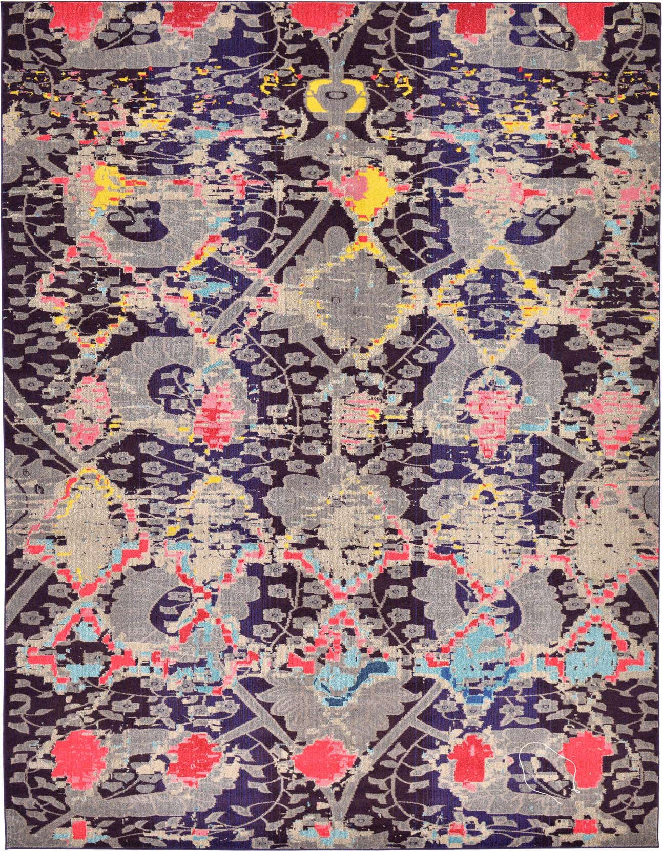 A rectangular navy blue area rug with a distressed Bohemian pattern featuring gray, pink, yellow, and light blue accents.