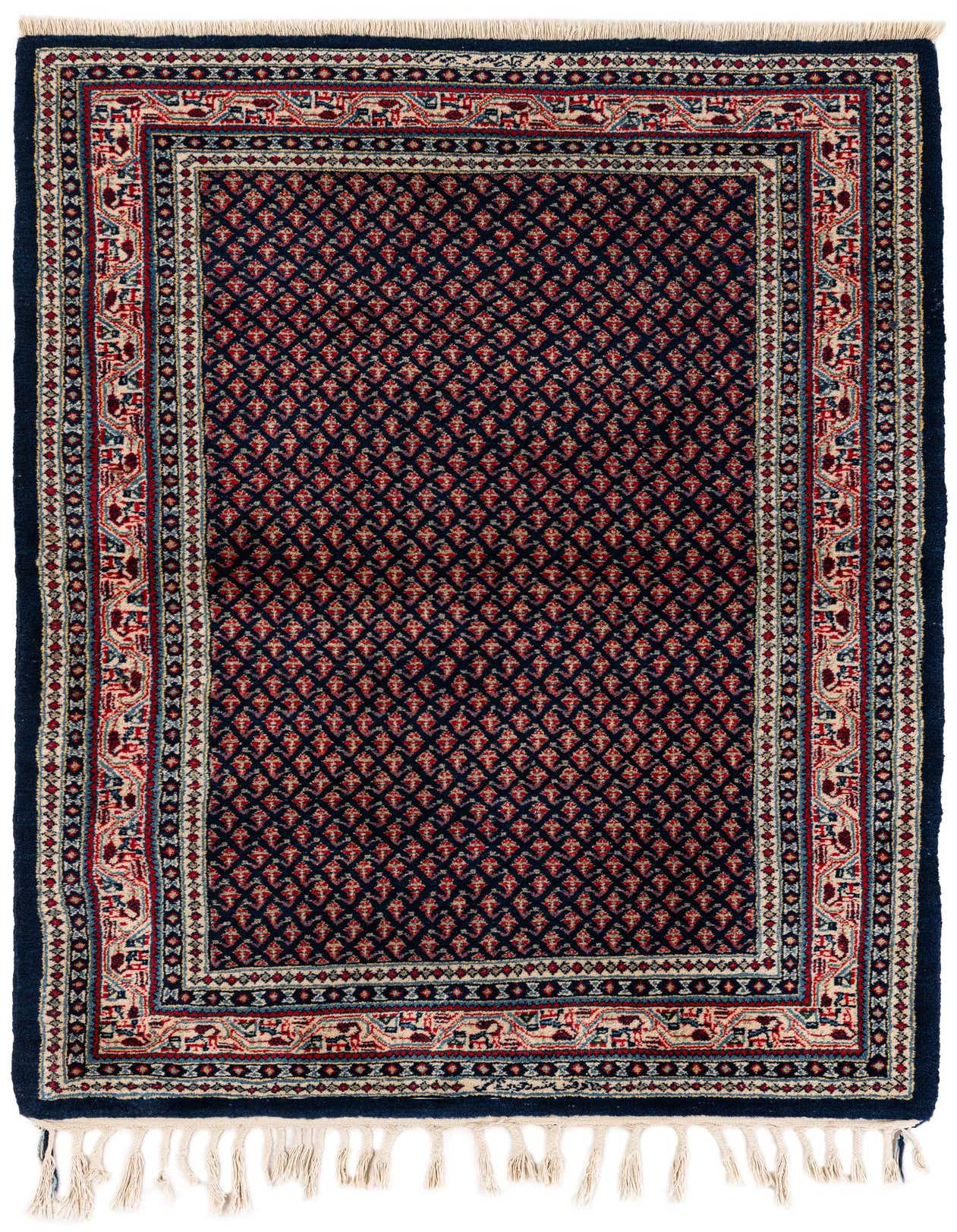 A 4x6 rectangular Rugs.com Mir rug with a navy blue field and intricate red, blue, and cream traditional Oriental pattern, featuring a detailed border and fringe.