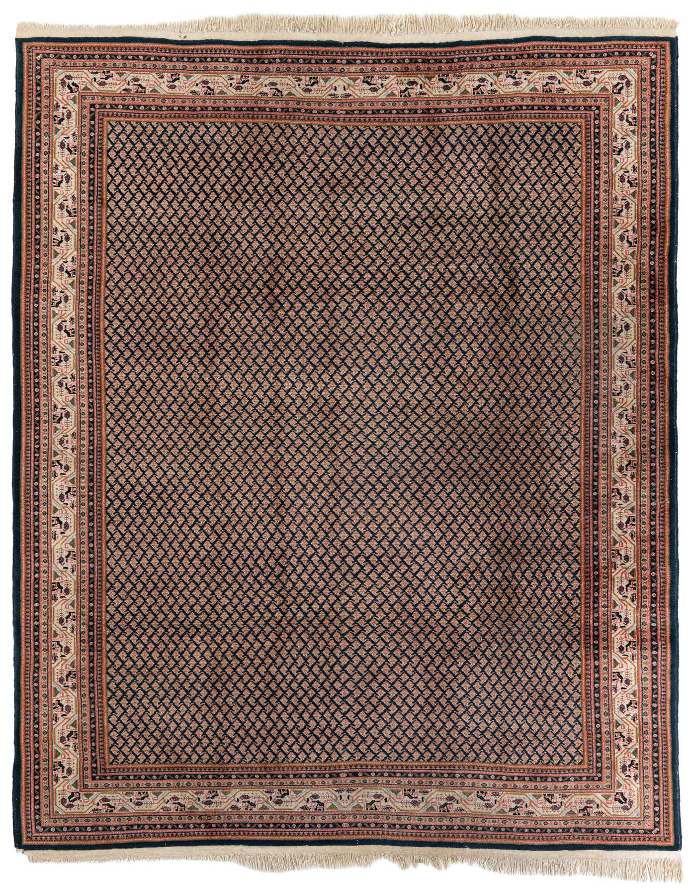 An 8x11 rectangular navy blue traditional wool rug with a detailed oriental pattern and ornate border.