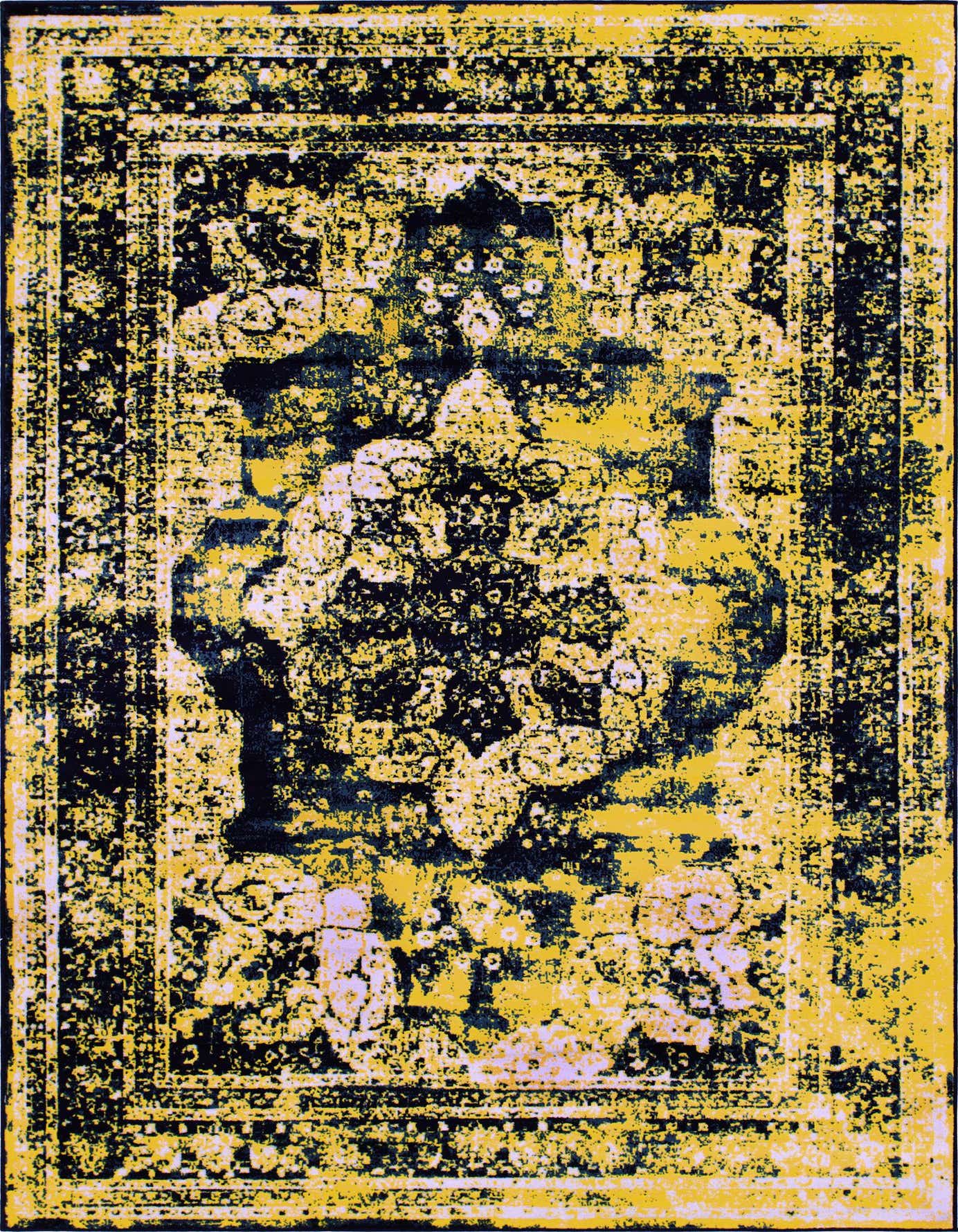 A 4x6 rectangular Monte Carlo rug featuring a distressed bohemian medallion pattern in navy blue and yellow.