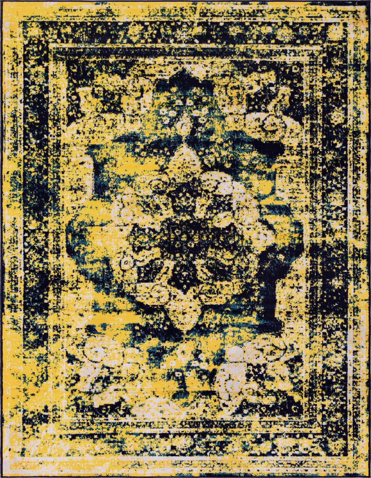 A 5x8 rectangular Monte Carlo rug featuring a distressed bohemian medallion pattern in navy blue and gold.