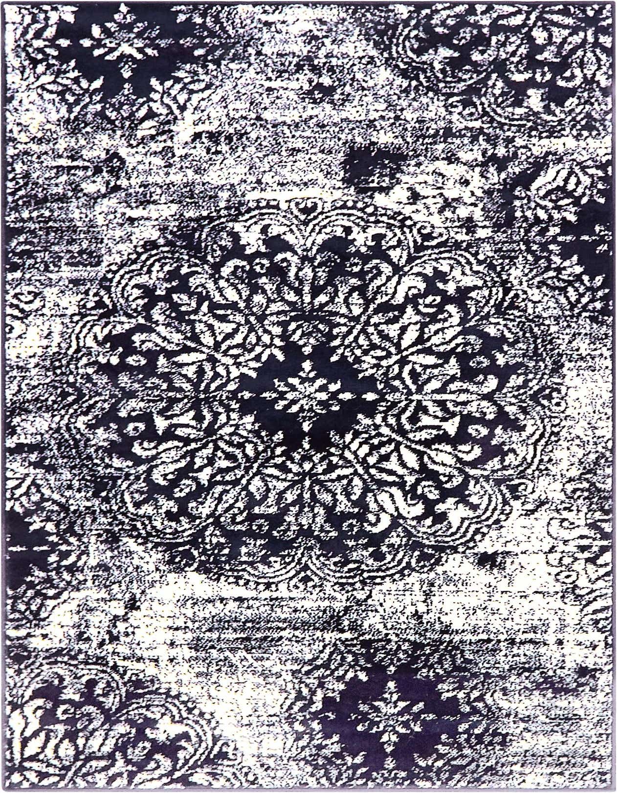 A 3x5 rectangular navy blue and white rug with a distressed traditional floral medallion pattern, suitable for a kitchen or entryway.